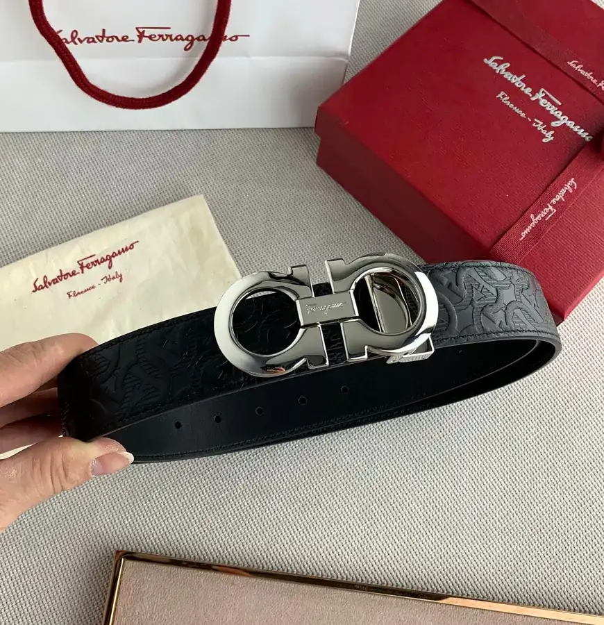 F Family New Black Grained Calfskin Belt with Gancini Clasp