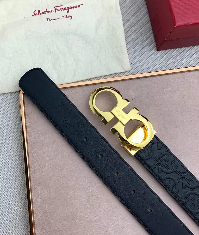 F Family New Black Grained Calfskin Belt with Gancini Clasp