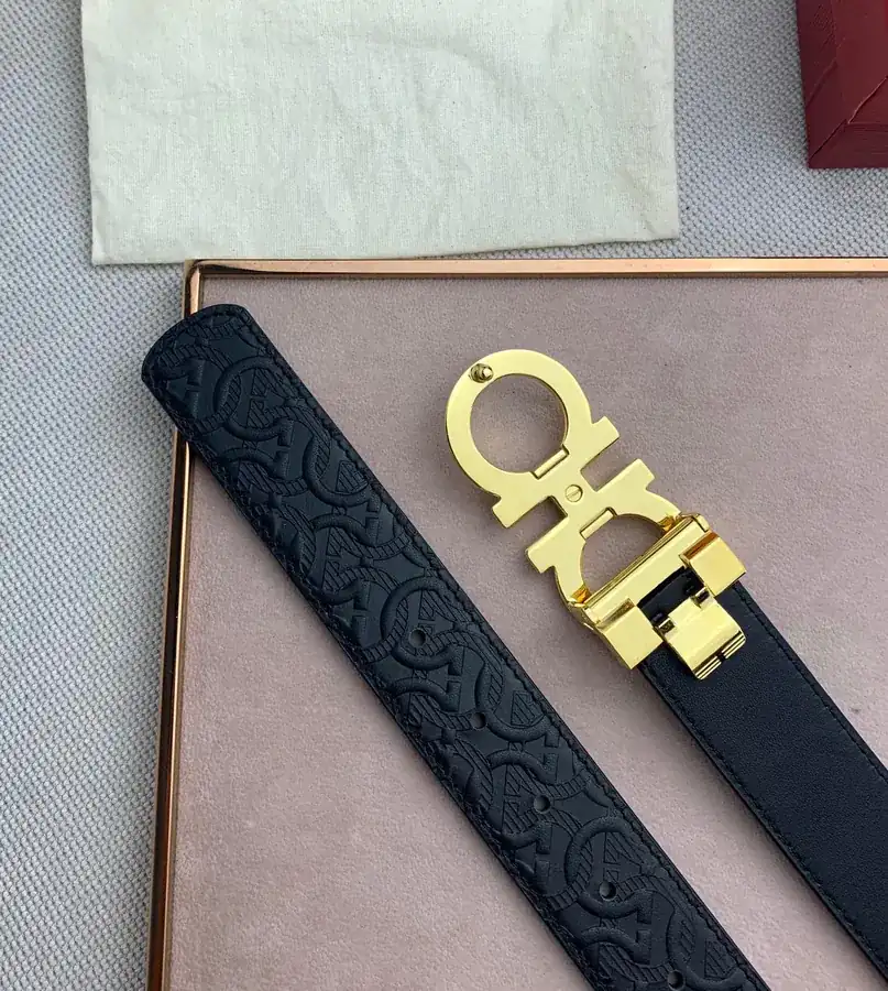 F Family New Black Grained Calfskin Belt with Gancini Clasp
