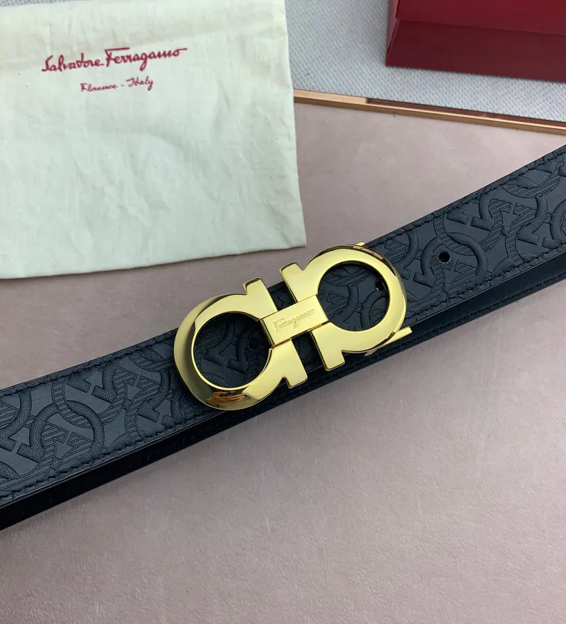 F Family New Black Grained Calfskin Belt with Gancini Clasp