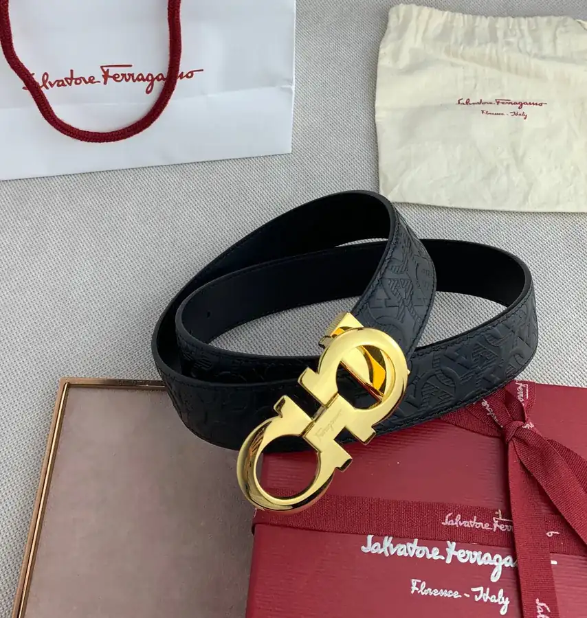 F Family New Black Grained Calfskin Belt with Gancini Clasp