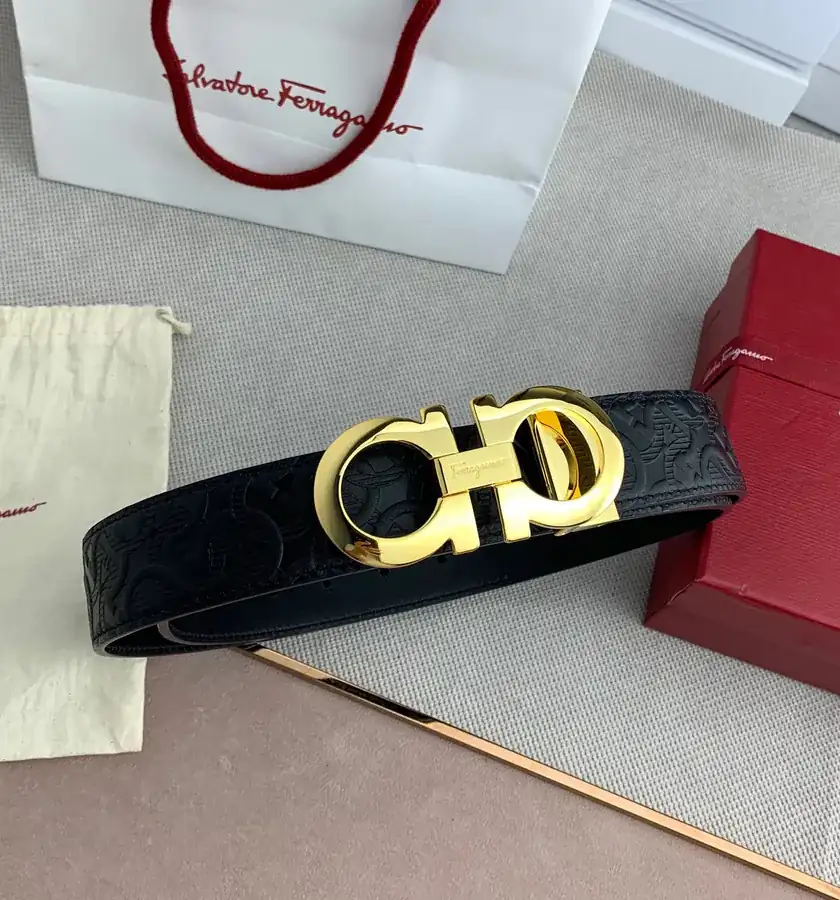 F Family New Black Grained Calfskin Belt with Gancini Clasp