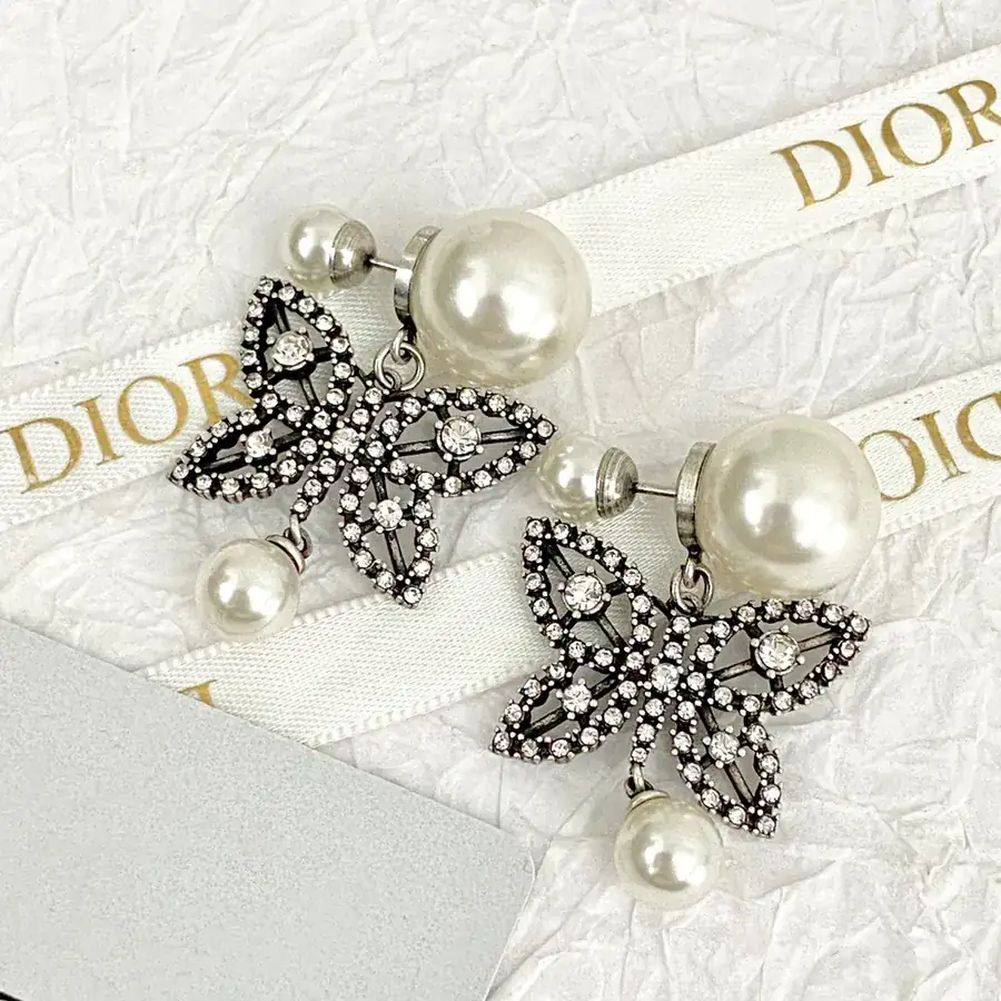 New D*or Butterfly with Pearls Stud Earrings