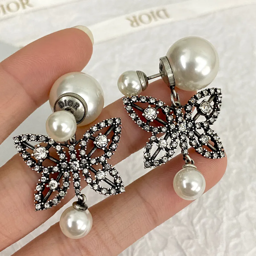 New D*or Butterfly with Pearls Stud Earrings