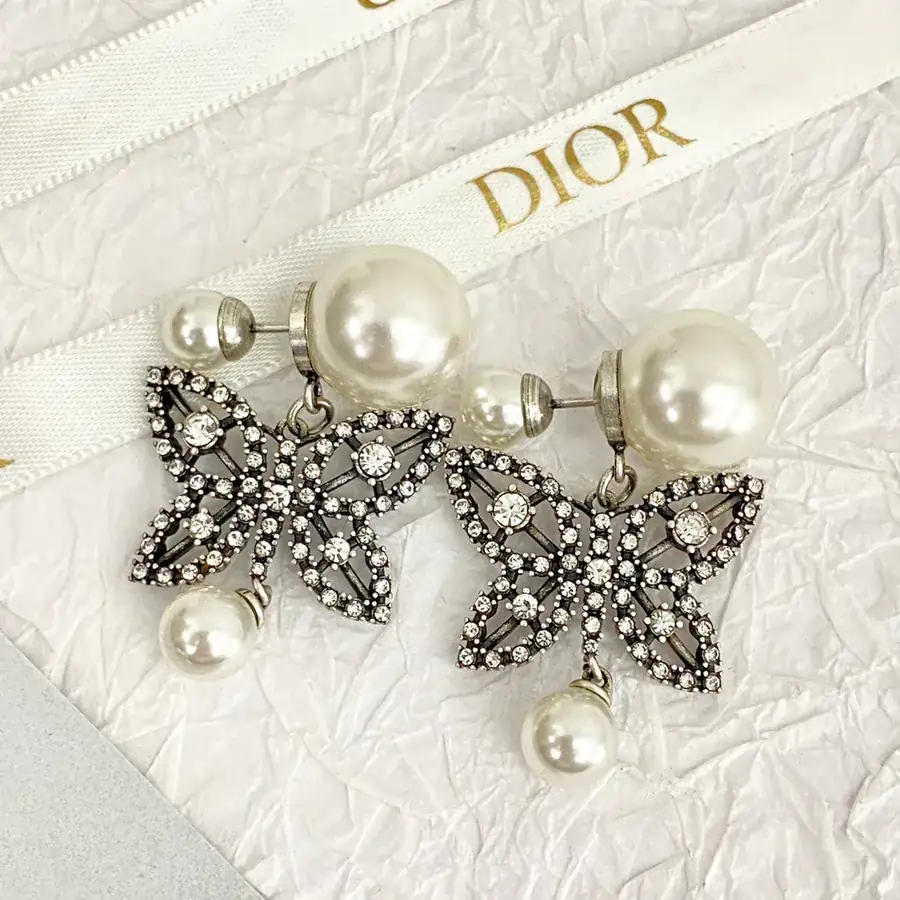 New D*or Butterfly with Pearls Stud Earrings