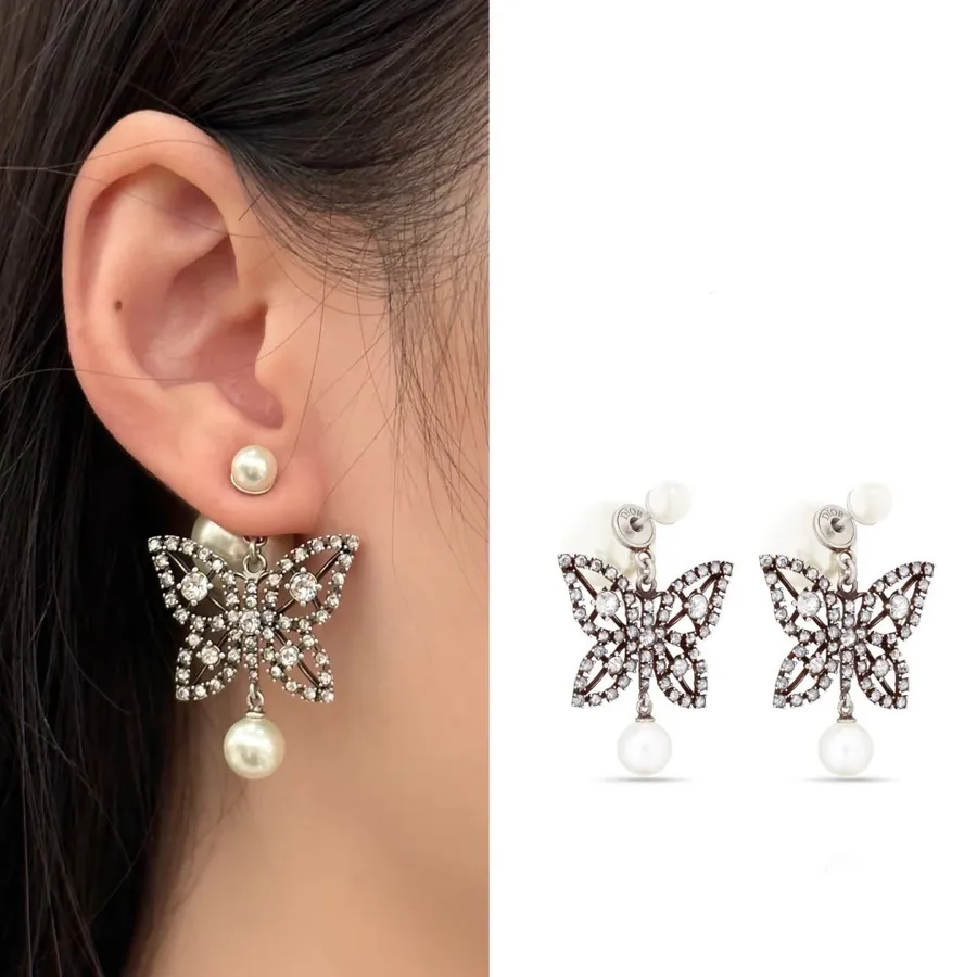 New D*or Butterfly with Pearls Stud Earrings
