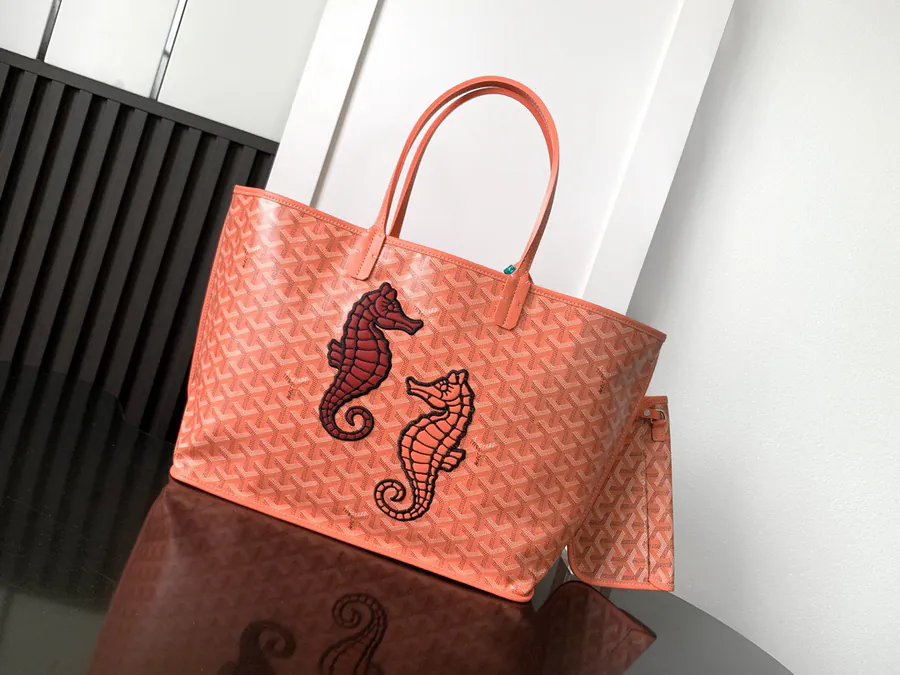 Anjou Mini Bag Coral Pink Goyardine Canvas with Sea Horse Embroidery