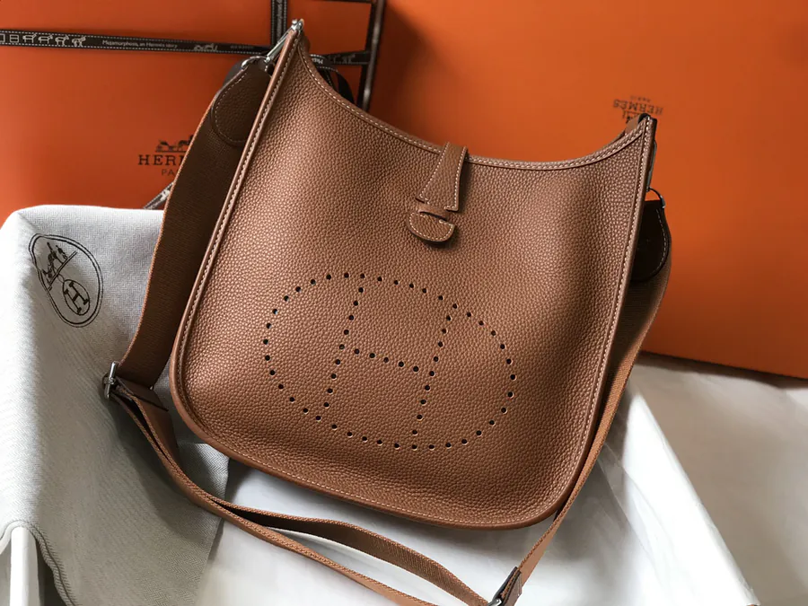 Evelyne Bucket Bag Semi Handmade Clemence Leather, Gold Brown, Silver Hardware