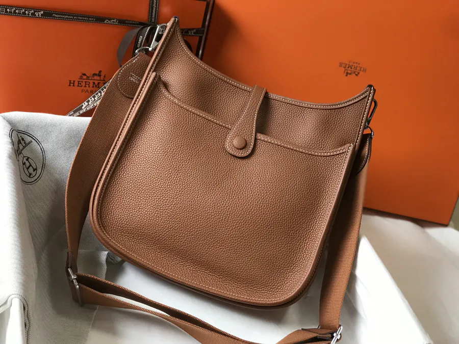 Evelyne Bucket Bag Semi Handmade Clemence Leather, Gold Brown, Silver Hardware