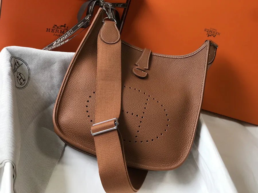 Evelyne Bucket Bag Semi Handmade Clemence Leather, Gold Brown, Silver Hardware