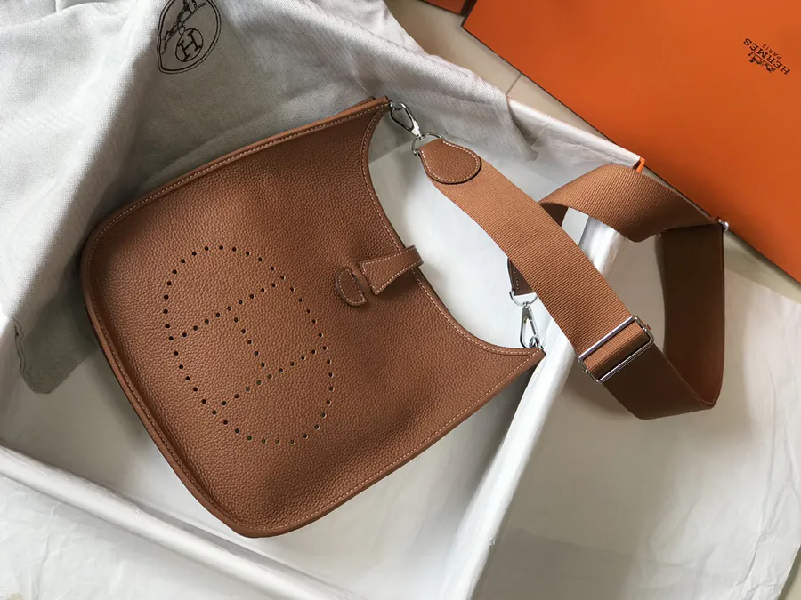 Evelyne Bucket Bag Semi Handmade Clemence Leather, Gold Brown, Silver Hardware
