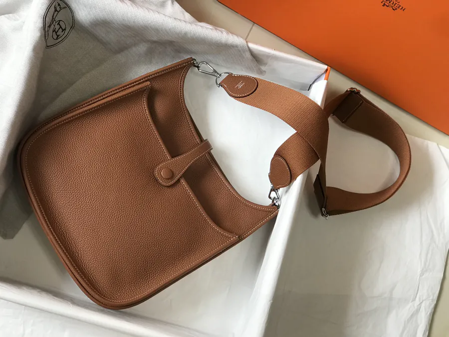 Evelyne Bucket Bag Semi Handmade Clemence Leather, Gold Brown, Silver Hardware