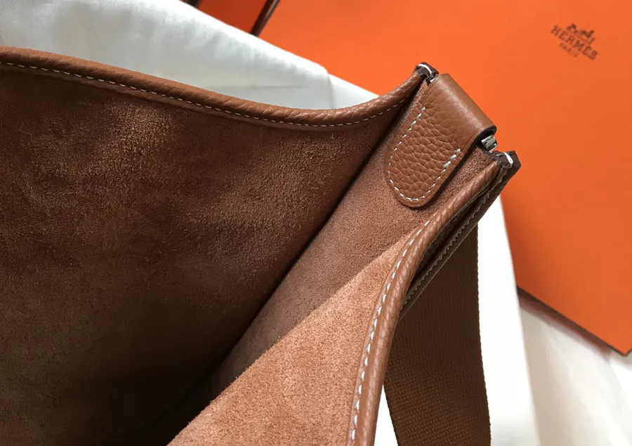 Evelyne Bucket Bag Semi Handmade Clemence Leather, Gold Brown, Silver Hardware