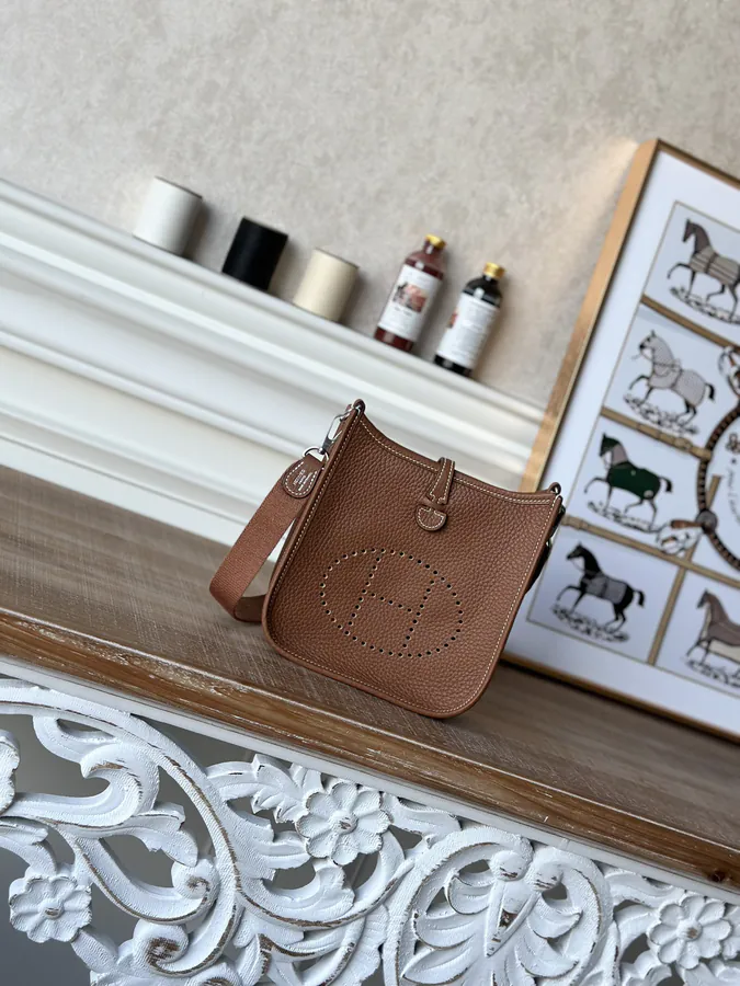 Evelyne Mini Handmade Bucket Bag in Gold Brown with Silver Hardware