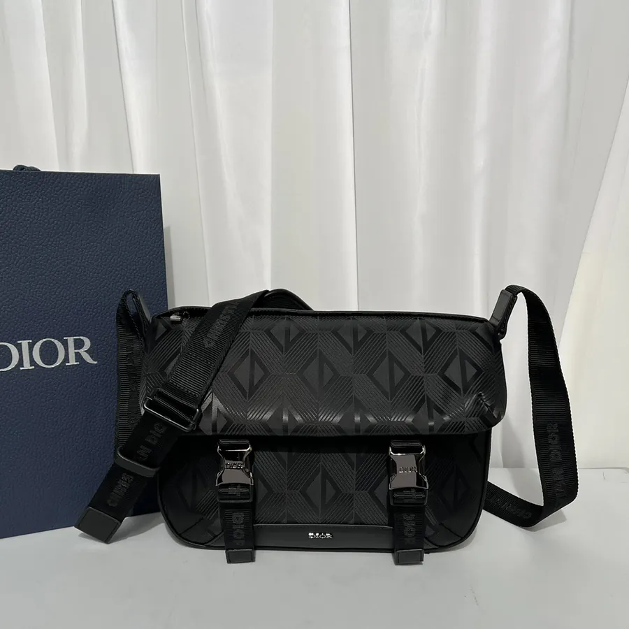Explorer Messenger Bag Black Grained Calfskin Flip Cover with Zip Pocket