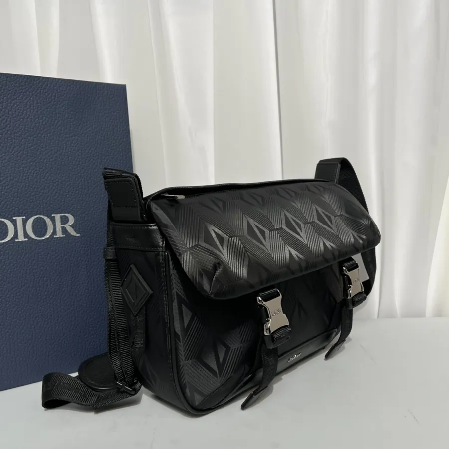 Explorer Messenger Bag Black Grained Calfskin Flip Cover with Zip Pocket