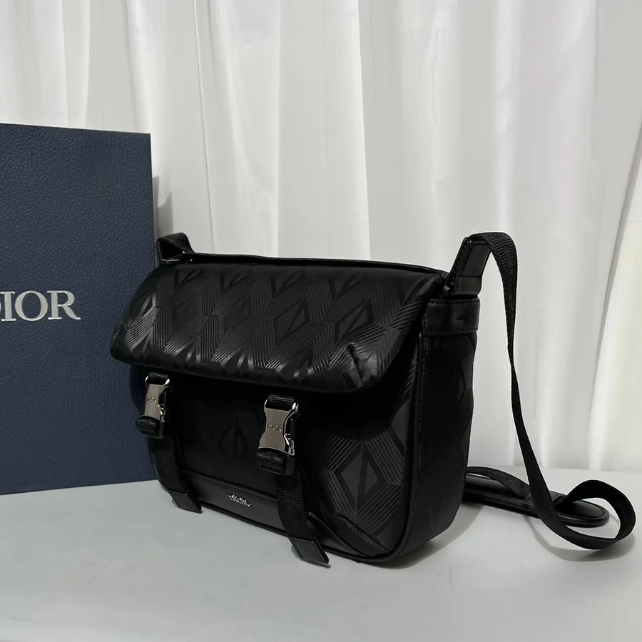 Explorer Messenger Bag Black Grained Calfskin Flip Cover with Zip Pocket