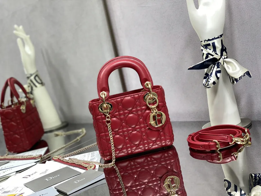 Premium Quality P600 LADY Three Compartment Cherry Red Calfskin Gold Buckle Bag