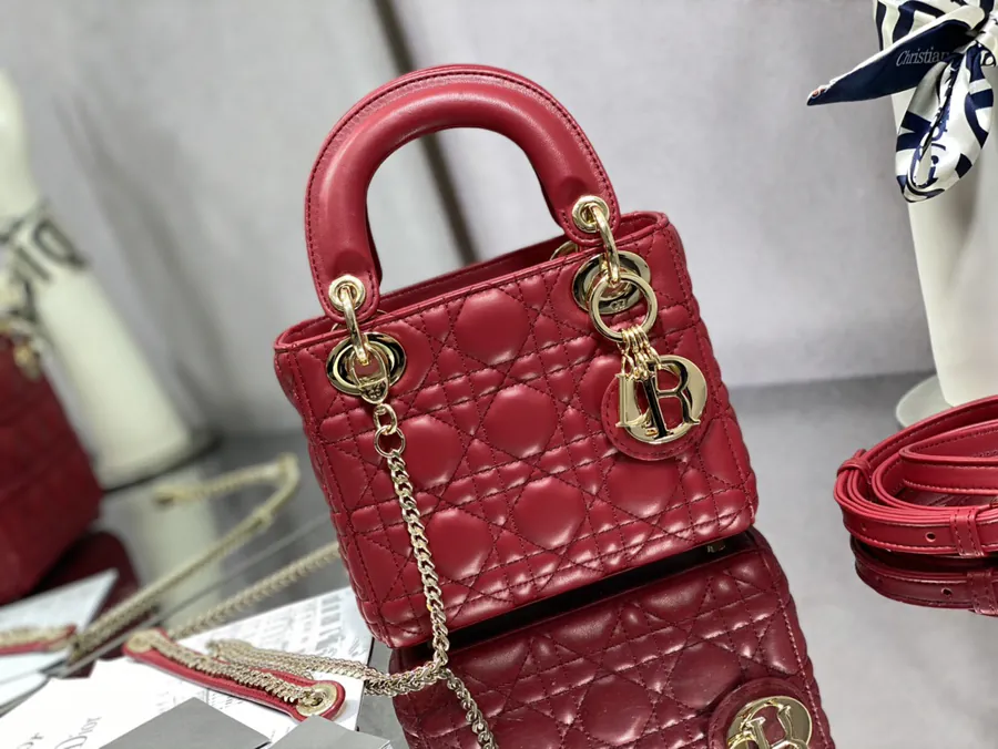 Premium Quality P600 LADY Three Compartment Cherry Red Calfskin Gold Buckle Bag