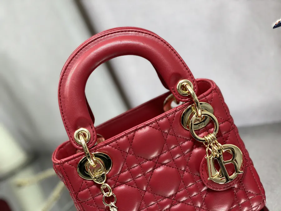 Premium Quality P600 LADY Three Compartment Cherry Red Calfskin Gold Buckle Bag