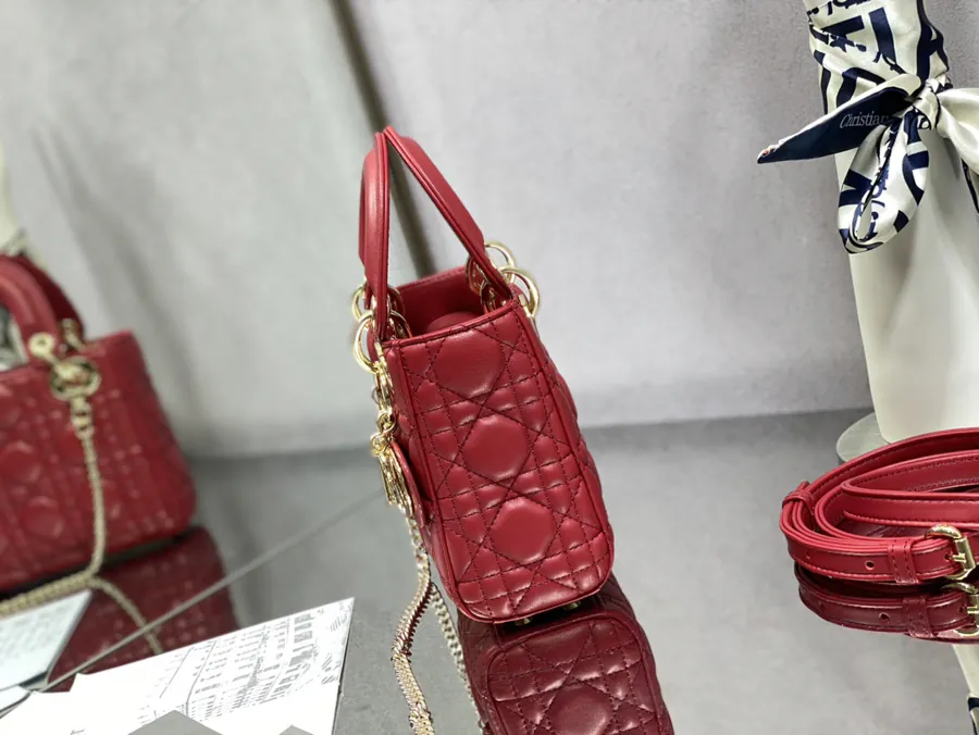 Premium Quality P600 LADY Three Compartment Cherry Red Calfskin Gold Buckle Bag