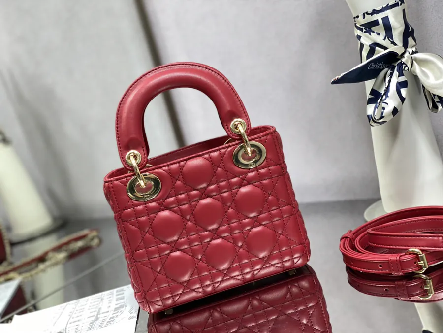 Premium Quality P600 LADY Three Compartment Cherry Red Calfskin Gold Buckle Bag