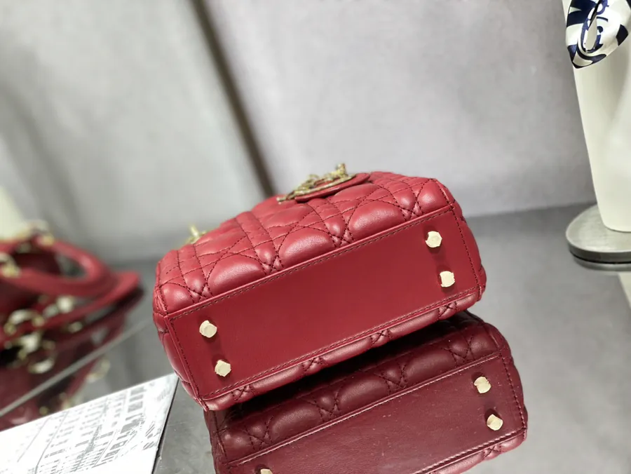 Premium Quality P600 LADY Three Compartment Cherry Red Calfskin Gold Buckle Bag