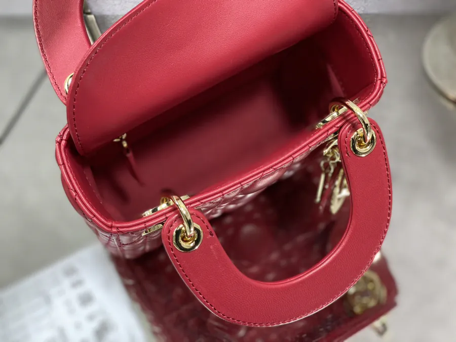 Premium Quality P600 LADY Three Compartment Cherry Red Calfskin Gold Buckle Bag