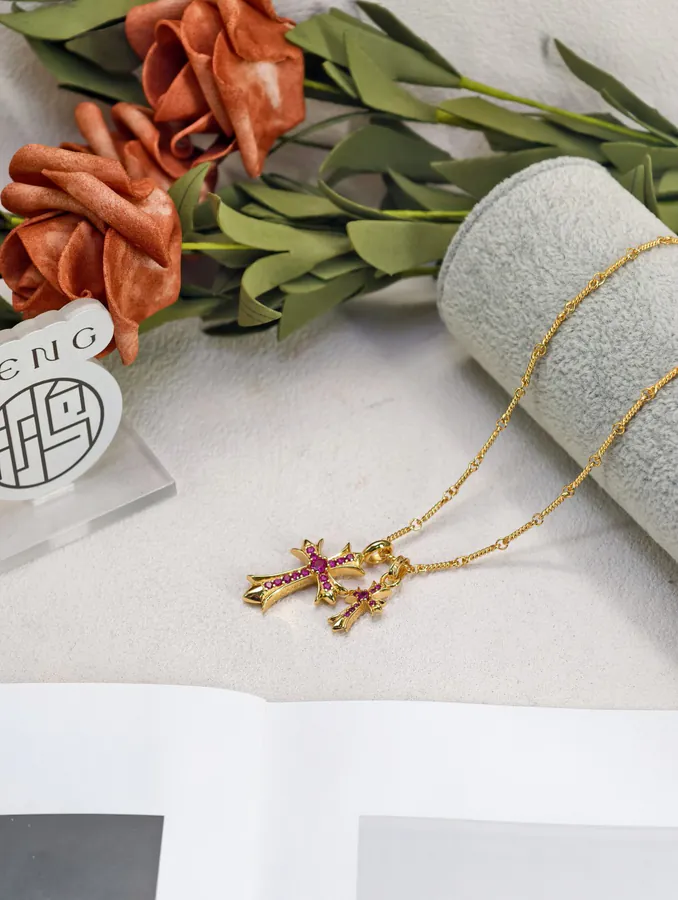 CROOS Double Cross Pendant Gold CZ Necklace
