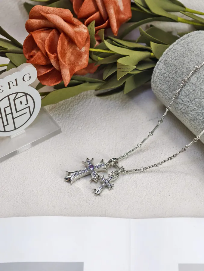 CROOS Double Cross White Gold and Purple Crystal Necklace