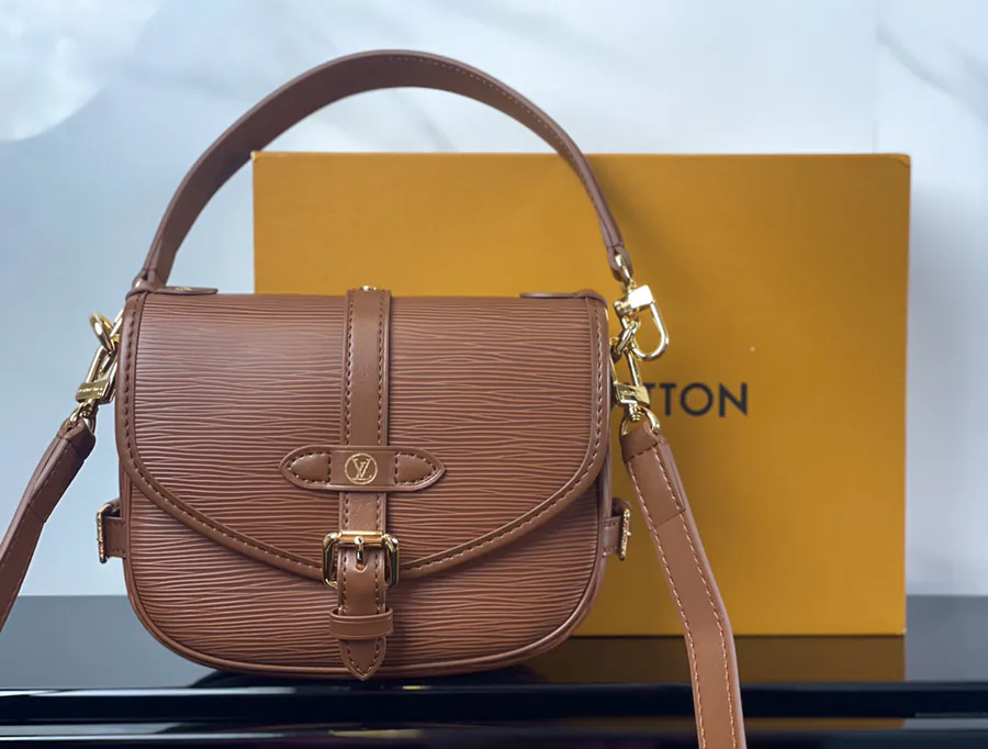 SAUMUR BB Handbag in Coffee Epi Leather LV Circle Logo Detachable Handles and Straps