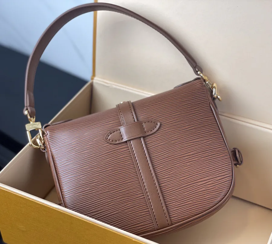 SAUMUR BB Handbag in Coffee Epi Leather LV Circle Logo Detachable Handles and Straps