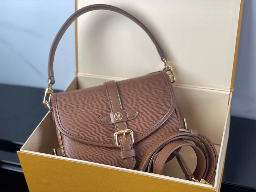 SAUMUR BB Handbag in Coffee Epi Leather LV Circle Logo Detachable Handles and Straps