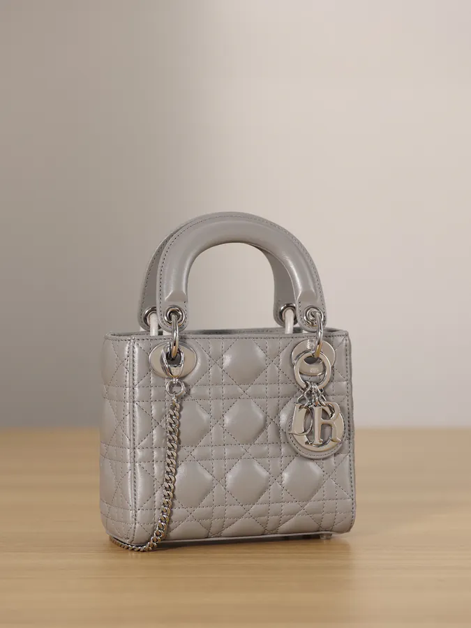 Dai Fei Bag Three Compartment Glossy Gray Calfskin Silver Clasp