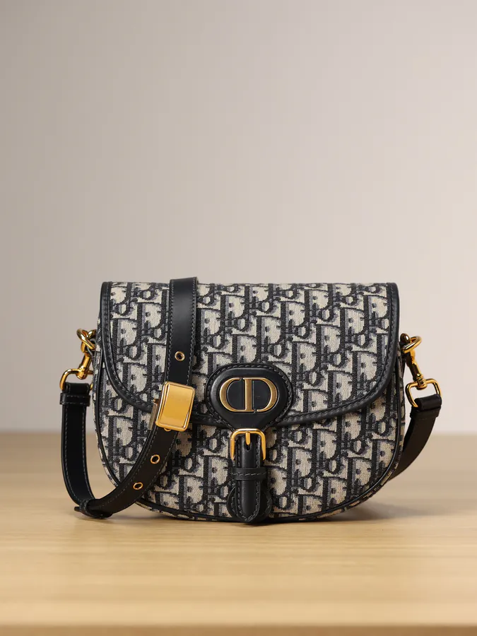 Bobby Handbag Medium Size, Vintage Gold Accents, Blue Oblique Print