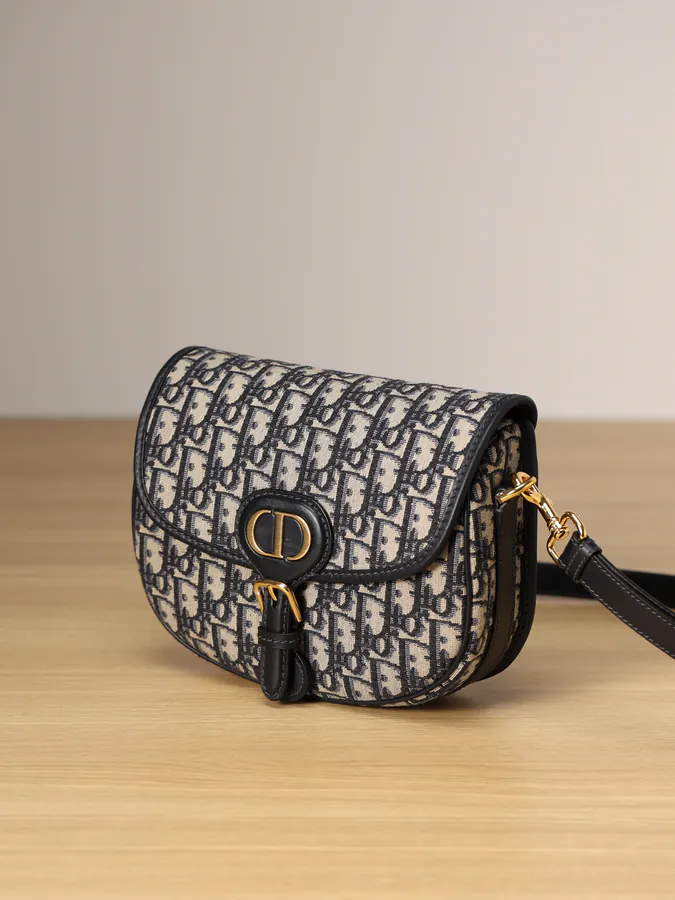 Bobby Handbag Medium Size, Vintage Gold Accents, Blue Oblique Print