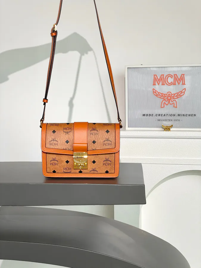 MCM Tracy Visetos Small Crossbody Shoulder Bag with Flip Closure