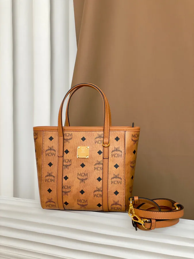 MCM Aren Visetos Mini Shopping Bag Classic Cognac Brown