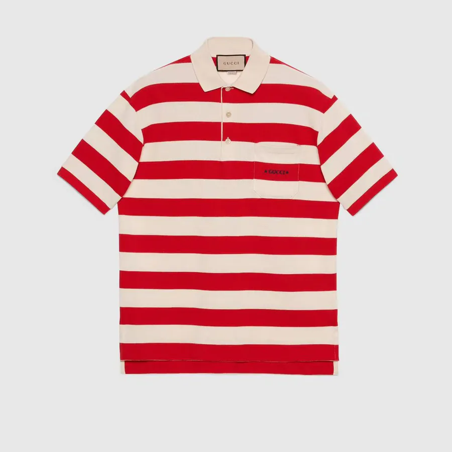 Gucc* New Arrival Red and White Striped Cotton Polo Shirt