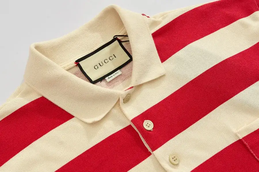 Gucc* New Arrival Red and White Striped Cotton Polo Shirt