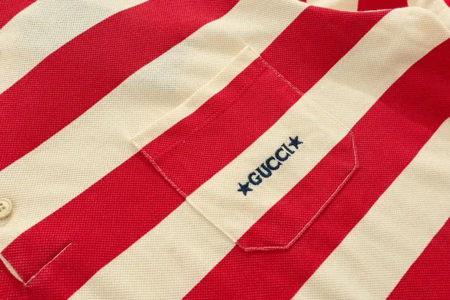 Gucc* New Arrival Red and White Striped Cotton Polo Shirt
