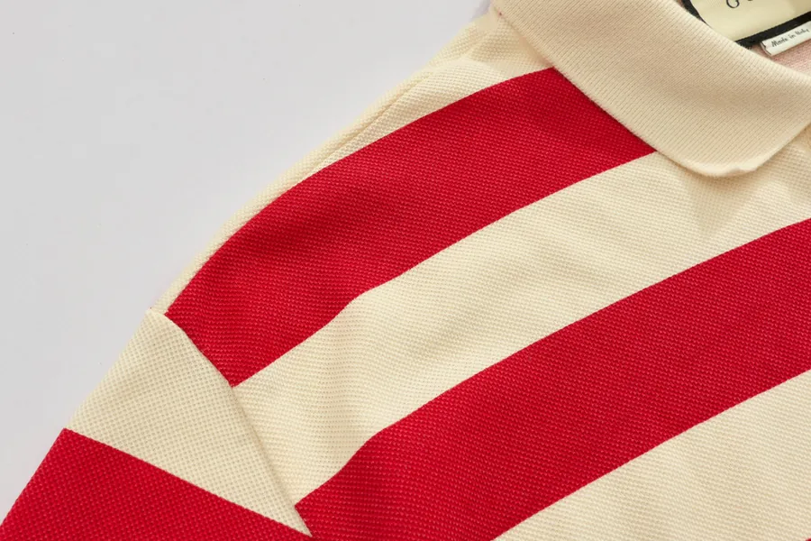 Gucc* New Arrival Red and White Striped Cotton Polo Shirt