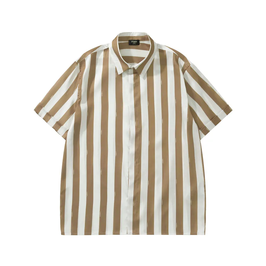 FD Pequin Shirt in Beige Stripes, Italian Fashion Short Sleeve Blouse
