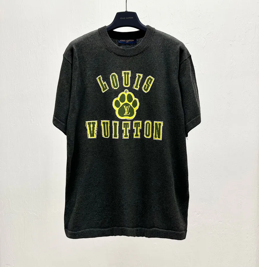 P220 Dog Series Beaded Jacquard Cotton Round Neck T Shirt