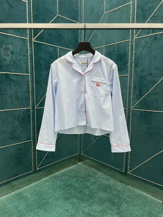 MIUMIU 25ss New Patchwork Letter Embroidery Striped Blouse