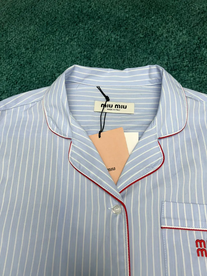 MIUMIU 25ss New Patchwork Letter Embroidery Striped Blouse