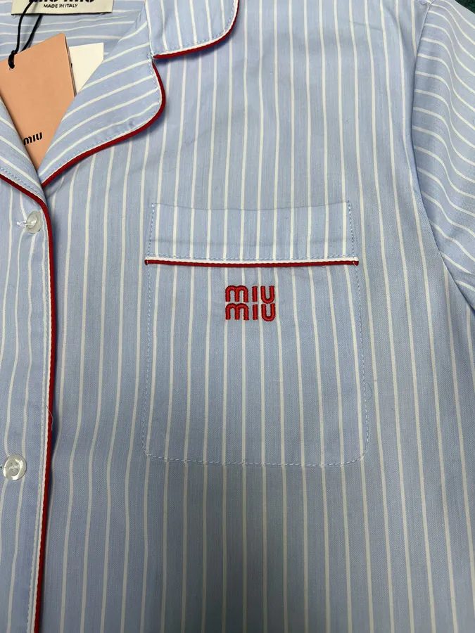 MIUMIU 25ss New Patchwork Letter Embroidery Striped Blouse