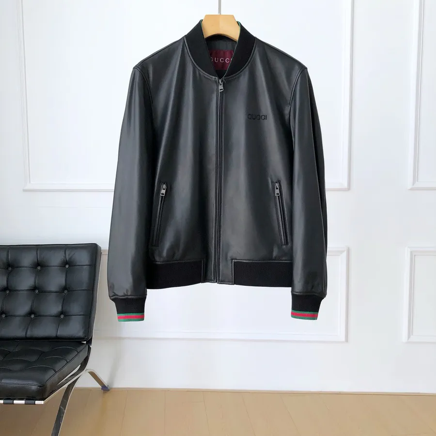 P1620 French Classic Red and Green Striped Men's Leather Jacket