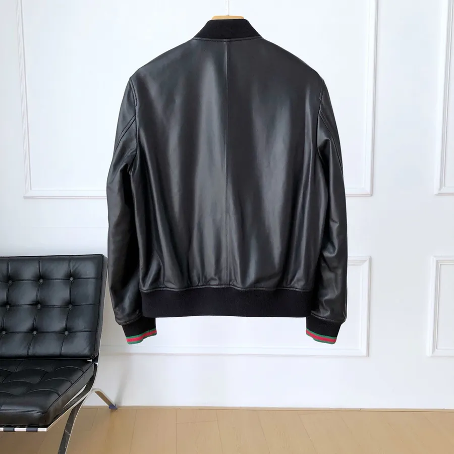 P1620 French Classic Red and Green Striped Men's Leather Jacket