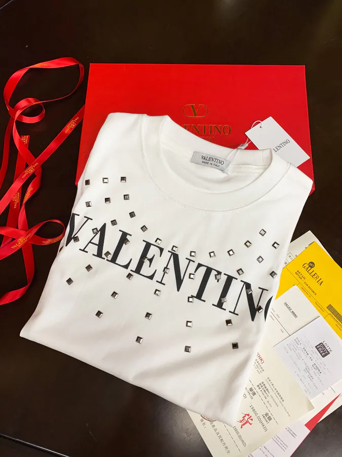 Valentino Round Neck Short Sleeve T Shirt with Letter Print and Sparkle Logo